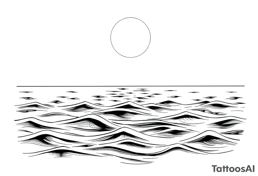 Tattoo sketch, black and white line art, marine theme. Calm sea with stylized waves, clear horizon. Above the horizon a large glowing sun or moon, with subtle Norse runes (Algiz, Raido) blended into the light. Minimalist, elegant, mythological marine atmosphere. Clean outlines, high contrast, no shading, stencil-ready, forearm tattoo design. tattoo idea