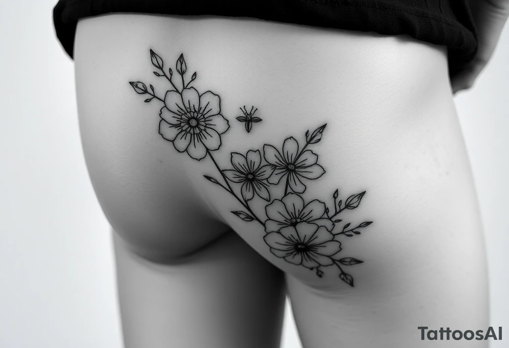 Hip and thigh tattoo with Thinner lines and flowers something dainty but also bohemian with maybe a touch of an insect or small animal tattoo idea