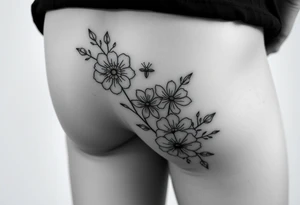Hip and thigh tattoo with Thinner lines and flowers something dainty but also bohemian with maybe a touch of an insect or small animal tattoo idea