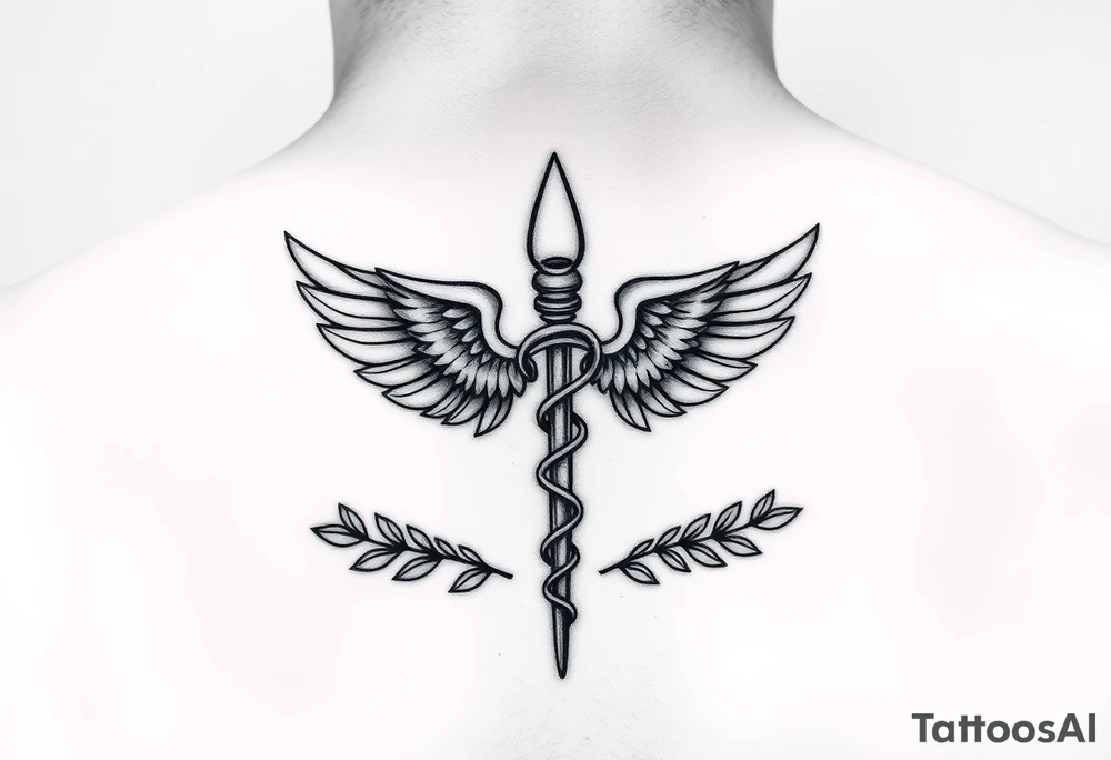 A caduceus-style staff where the top is a small molar tooth instead of wings, surrounded by laurel leaves, line-art design.” tattoo idea