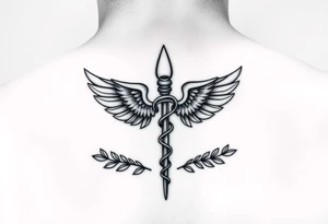 A caduceus-style staff where the top is a small molar tooth instead of wings, surrounded by laurel leaves, line-art design.” tattoo idea