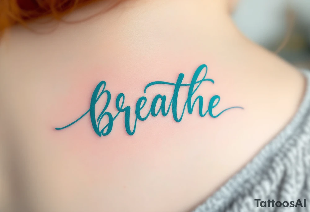 “Breathe” in soft teal brushstroke style, surrounded by minimalist wind lines in light gray. tattoo idea