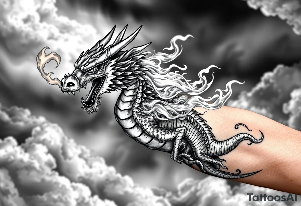 fierce dragon breathing iridescent fire against stormy skies tattoo idea