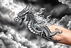 fierce dragon breathing iridescent fire against stormy skies tattoo idea