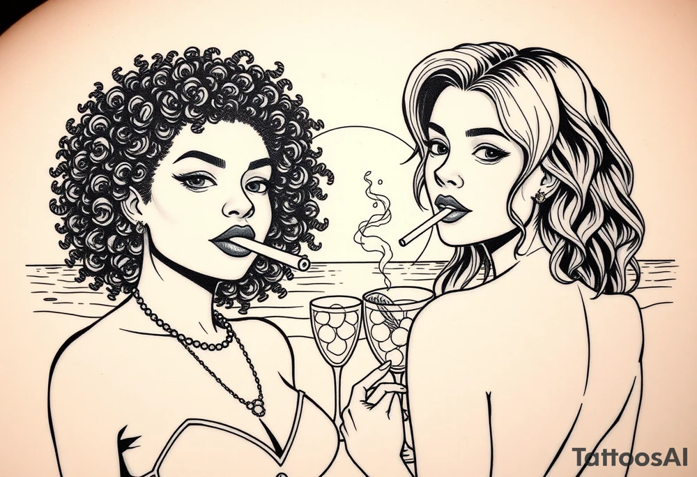 Two females One of the females is dark skin with Curly puffy hair The other girl is light skin and has wavy hair in front of a sunset on the beach, smoking a blunt with margarita glasses next to them tattoo idea