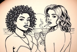 Two females One of the females is dark skin with Curly puffy hair The other girl is light skin and has wavy hair in front of a sunset on the beach, smoking a blunt with margarita glasses next to them tattoo idea