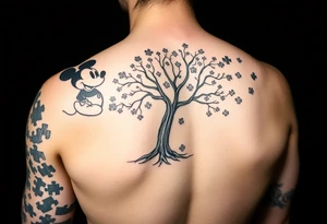 Autism full left arm sleeve including Mickey Mouse and a tree at the start with autism puzzle pieces everywhere tattoo idea