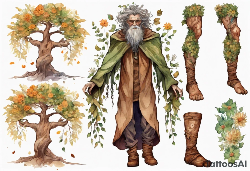 A tall, beautiful old tree-man hybrid with leafy hair and a cloak made of flowers. Wearing brown mukluks. tattoo idea