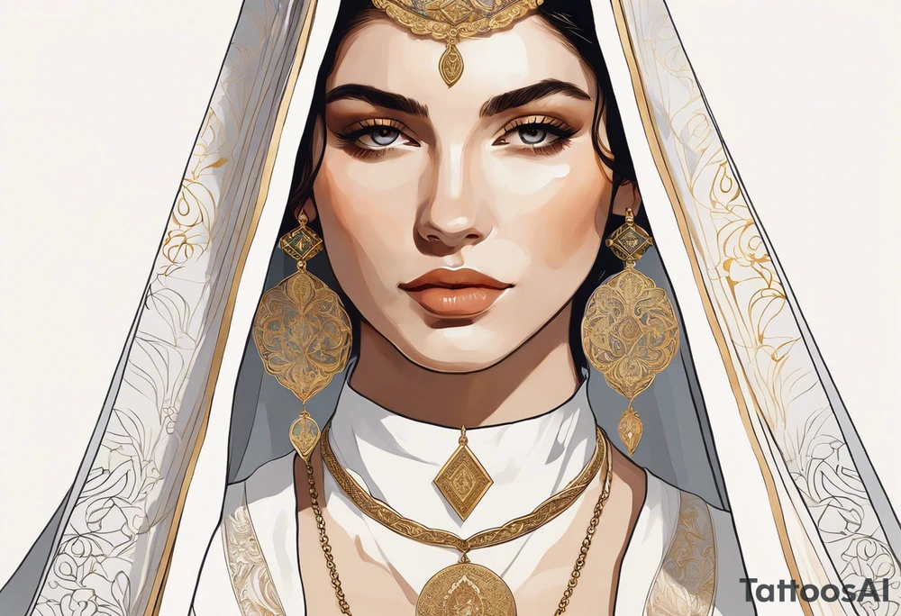 A serene and elegant portrait of a woman with a calm and angelic expression, wearing a delicate white veil, gold jewelry with intricate designs, and a pendant with a religious icon. The lighting is soft and warm, creating a painterly and ethereal effect, reminiscent of classical art tattoo idea