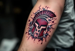 A bold bicep tattoo of the HC Sparta Praha logo in deep maroon and black, surrounded by ice-cracked effects tattoo idea