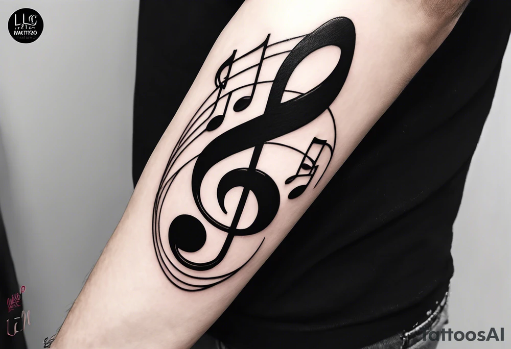 Simple minimalist tattoo in the style of single needle art depicting musical notes in the shape of letters “l” and “r” tattoo idea