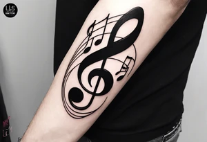 Simple minimalist tattoo in the style of single needle art depicting musical notes in the shape of letters “l” and “r” tattoo idea