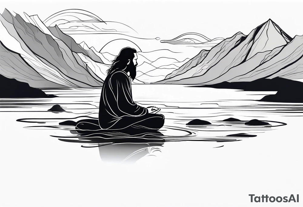 a meditating long haired man by the mountain river, the sky is covered with quantum energy tattoo idea