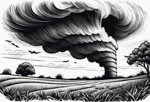 Tornado descending from the sky reaching to the grass ground at a point and throwing debris tattoo idea