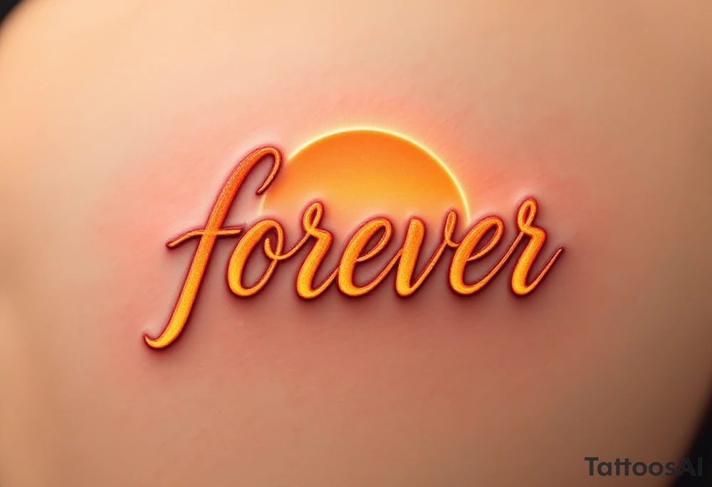 A glowing sunset behind the word "forever" in warm orange and gold gradient cursive. tattoo idea