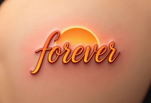 A glowing sunset behind the word "forever" in warm orange and gold gradient cursive. tattoo idea