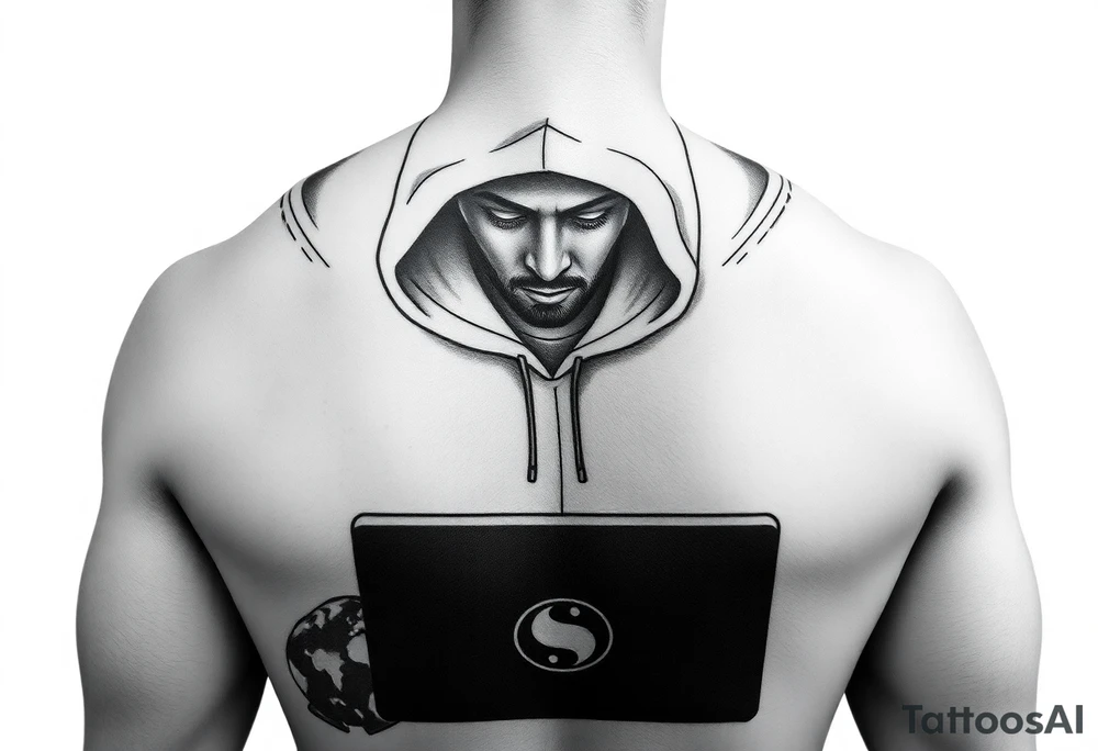 Create a Image of Guy in a hoodie with laptop, like hacking tattoo idea