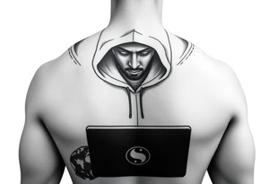 Create a Image of Guy in a hoodie with laptop, like hacking tattoo idea