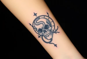 Skull with a snake going through its eyes and prickly vines with a clock in the background tattoo idea