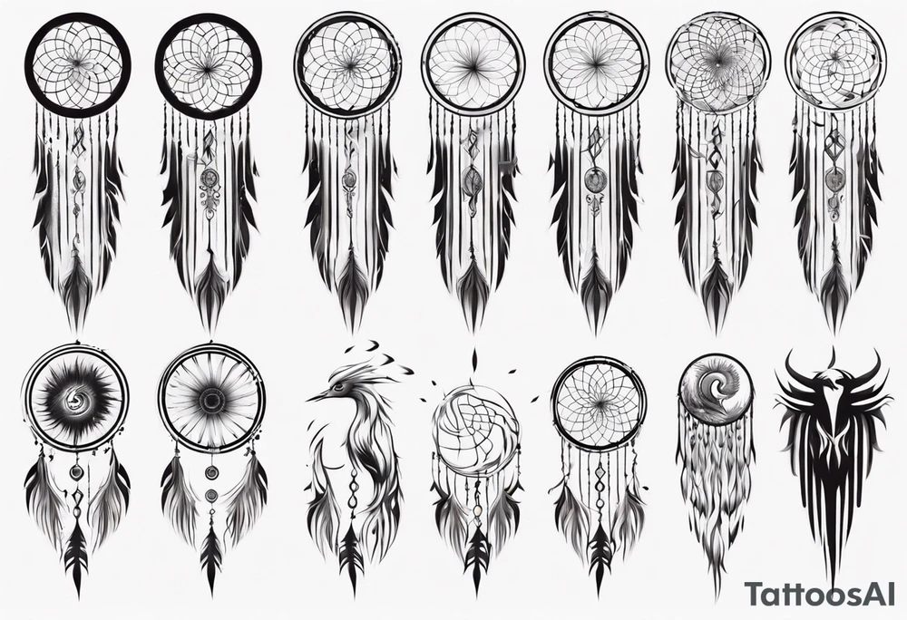 Vertical Phoenix in circles with abstract dream catcher tail tattoo idea