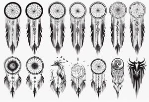 Vertical Phoenix in circles with abstract dream catcher tail tattoo idea