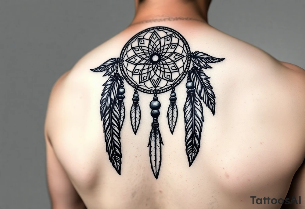 native dreamcatcher with flowing feathers and sacred beads tattoo idea