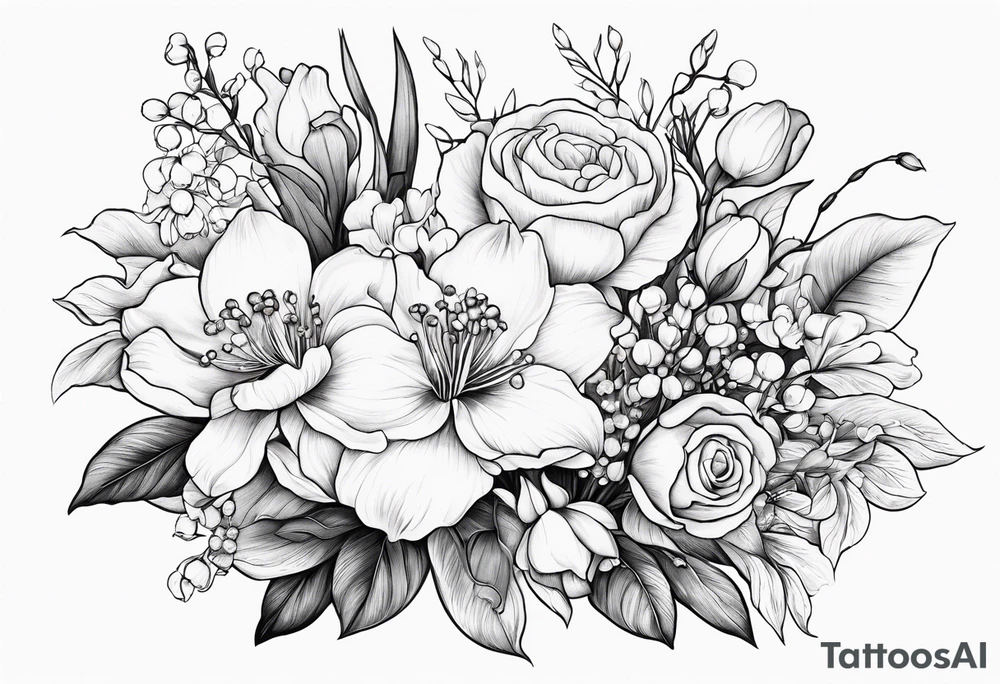 Bouquet 
with 1 snowdrop 2 carnations 1 rose 1 lily of the valley 1 daffodil 1 peony tattoo idea