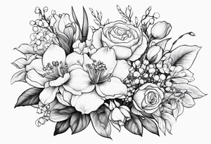 Bouquet 
with 1 snowdrop 2 carnations 1 rose 1 lily of the valley 1 daffodil 1 peony tattoo idea