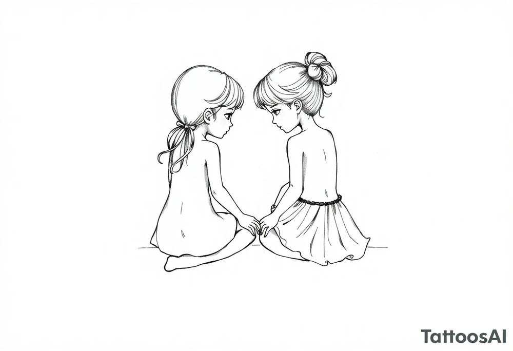 Zwei kleine mädchen sitzen sich gegenüber eine hat einen Dutt die andere einen Zopf und sie berühren sich an den Fußsohlen tattoo idea