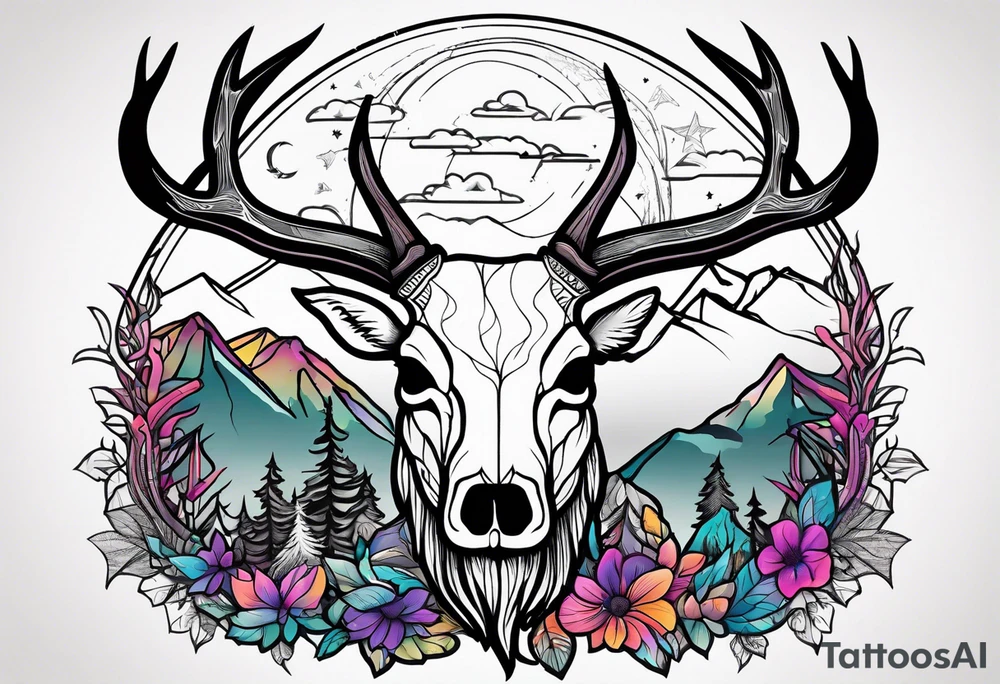 deer skull mountain trees tattoo idea