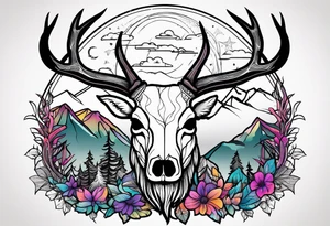 deer skull mountain trees tattoo idea