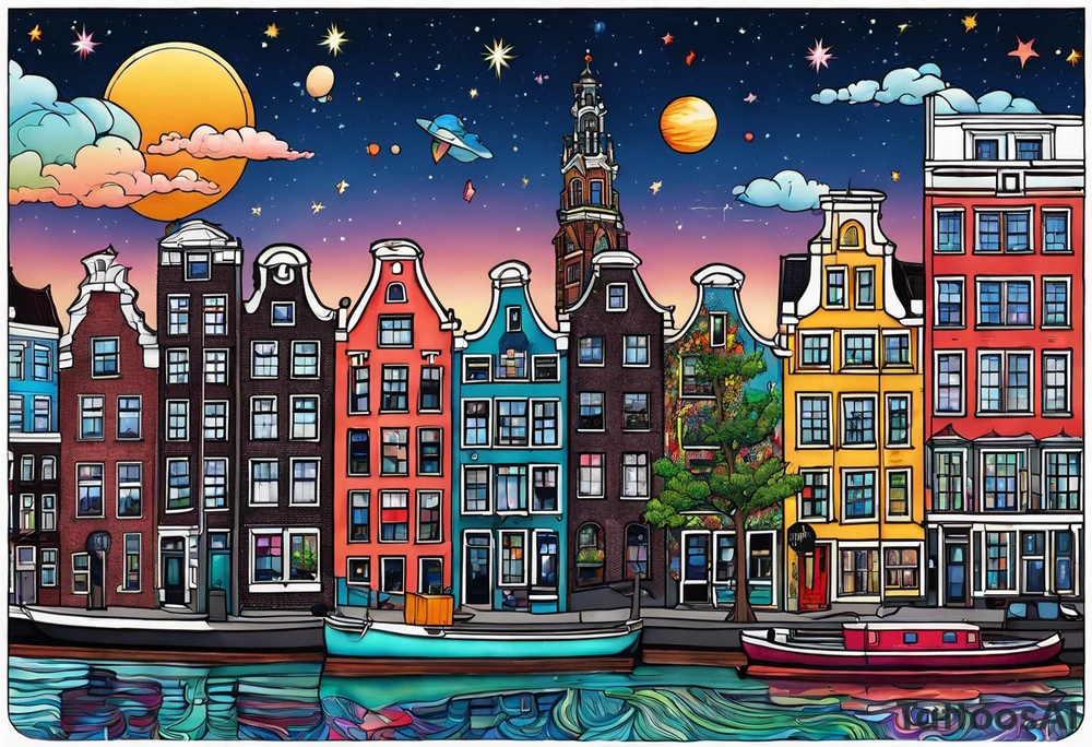 glass animals featuring colours of the universe and galaxies and pineapples in amsterdam city featuring Amsterdam buildings and canal tattoo idea