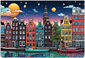 glass animals featuring colours of the universe and galaxies and pineapples in amsterdam city featuring Amsterdam buildings and canal tattoo idea
