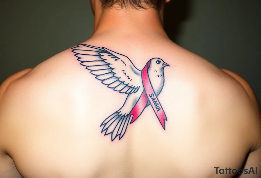 A dove carrying a breast cancer ribbon with the name Samia. tattoo idea