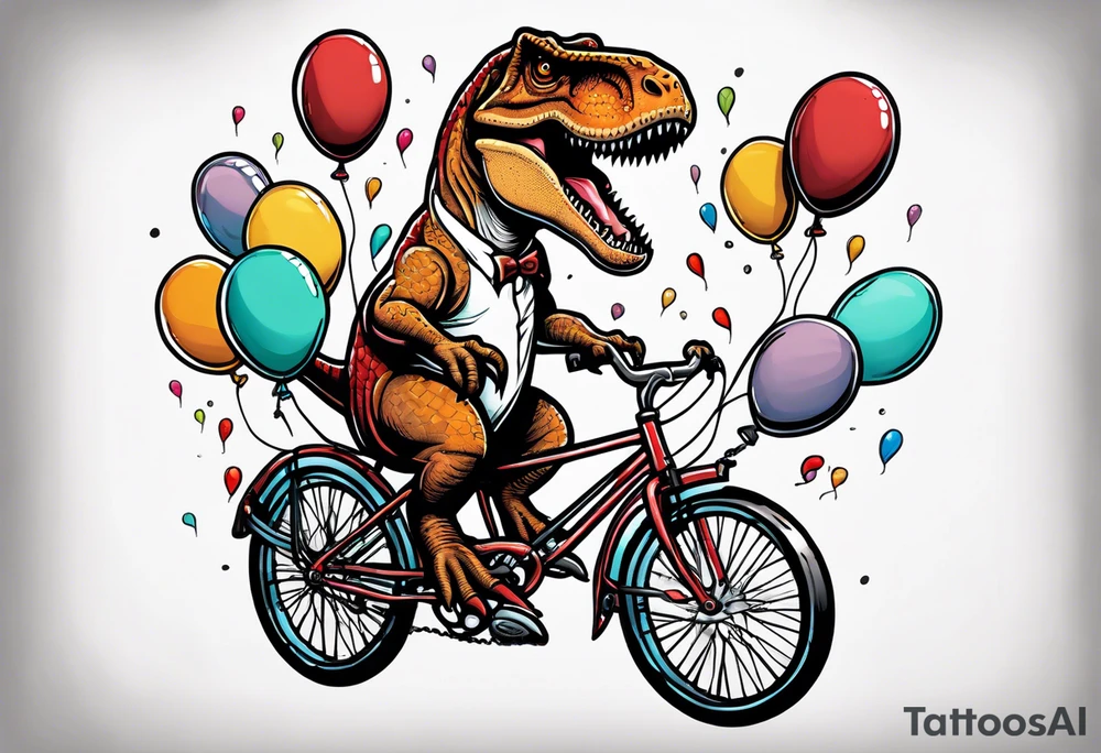 T-rex riding a bicycle holding balloons neo trad front view tattoo idea