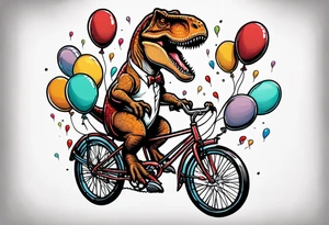 T-rex riding a bicycle holding balloons neo trad front view tattoo idea