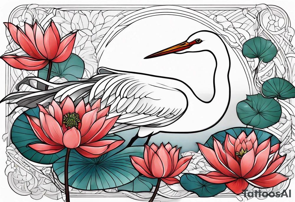 Egret and red lotuses tattoo idea