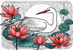 Egret and red lotuses tattoo idea