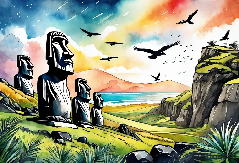 For Easter island heads on an island landscape with hawks circling above tattoo idea