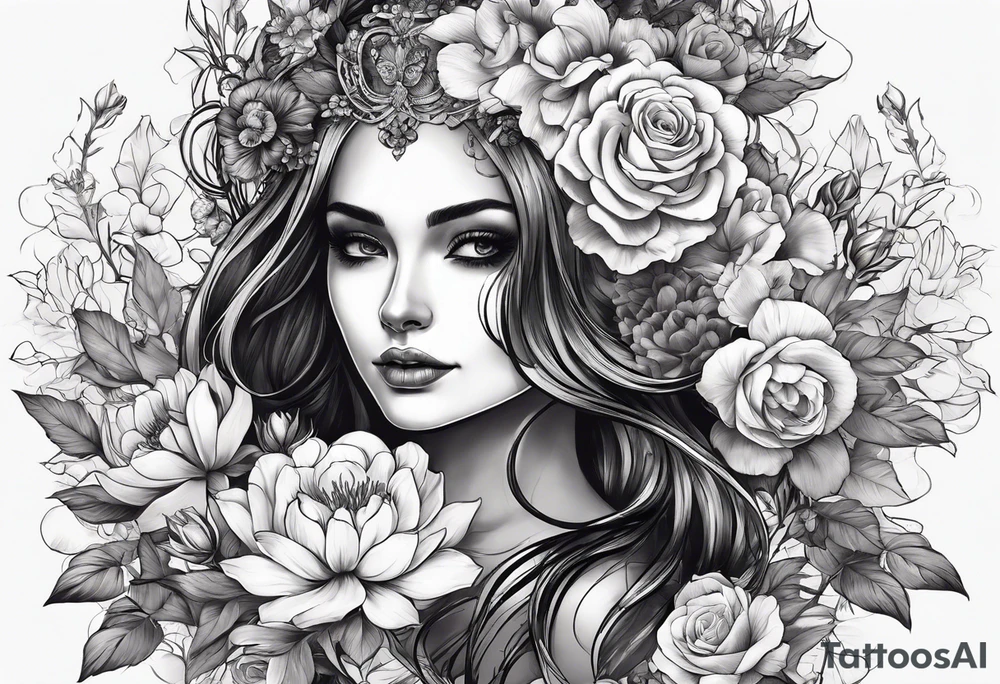 a female skeleton include head torso and legs surounded by hiubiscus flowers tattoo idea