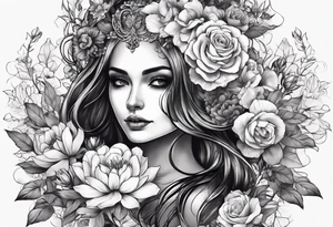 a female skeleton include head torso and legs surounded by hiubiscus flowers tattoo idea