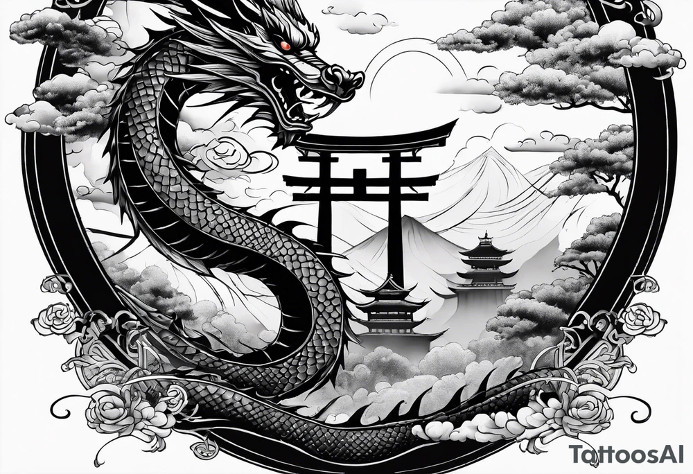 Tatto the Dragón and samurai in zen circule, tori gate tattoo idea