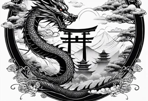 Tatto the Dragón and samurai in zen circule, tori gate tattoo idea
