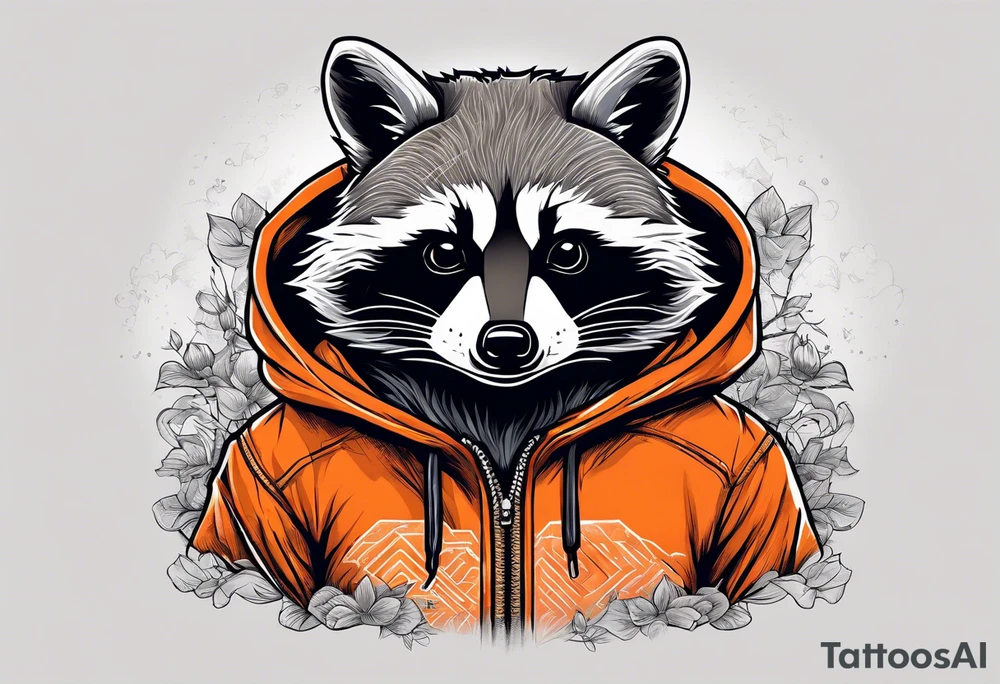 Raccoon wearing an orange Superman hoodie tattoo idea