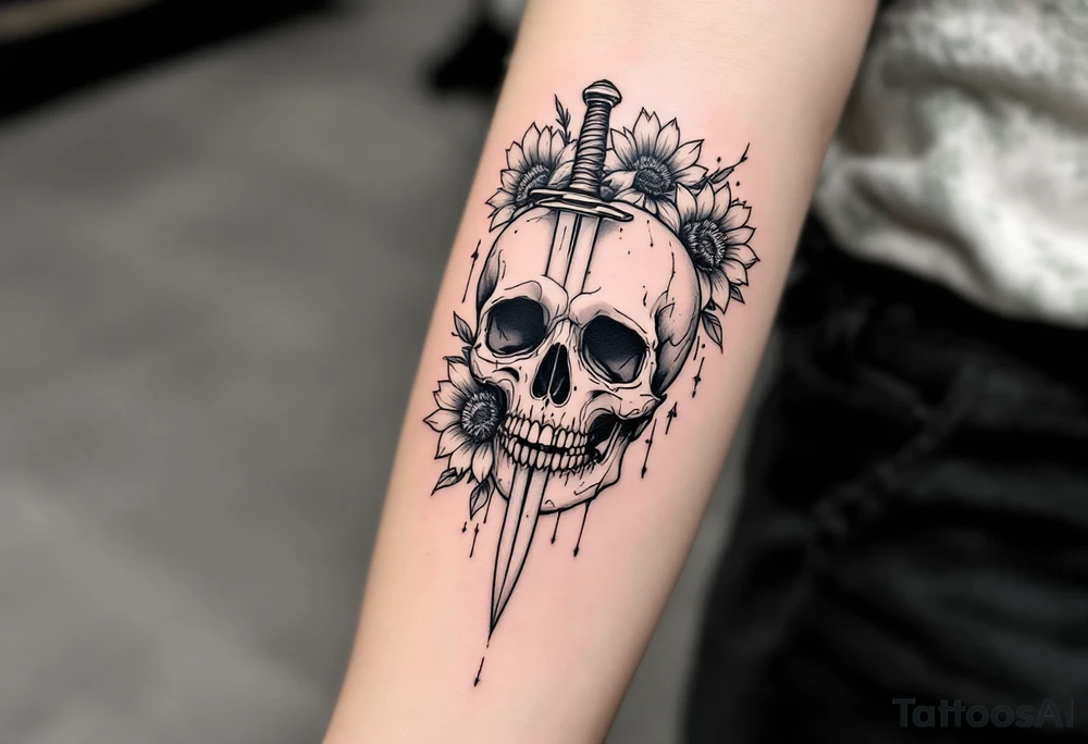 Skull, dagger piercing a heart with roses and sunflowers tattoo idea