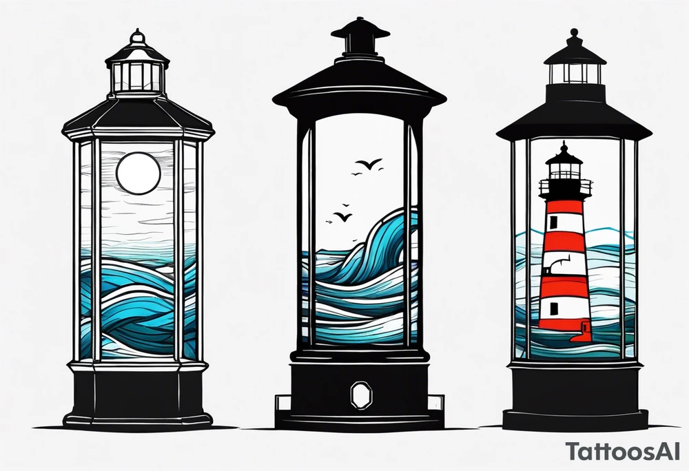 farol em meio ao oceano com farol aceso tattoo idea