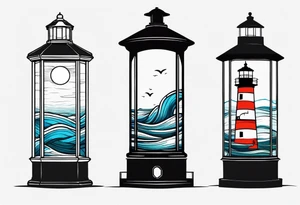 farol em meio ao oceano com farol aceso tattoo idea