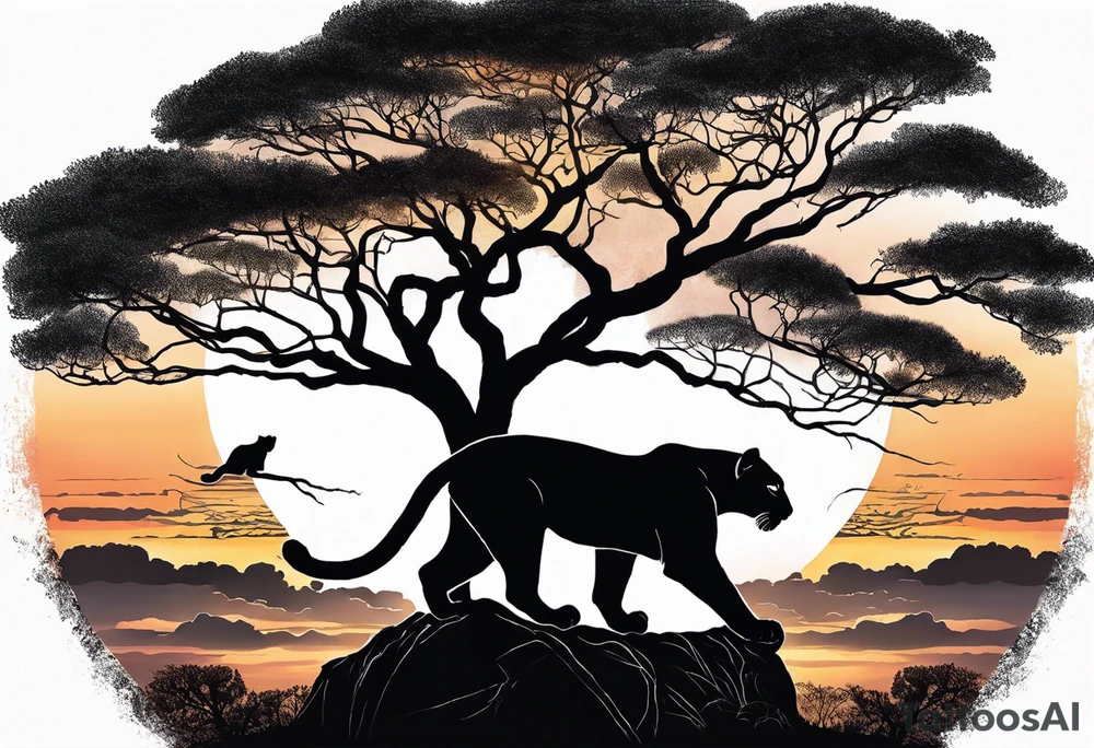 Panthers on a single African tree with the sunsetting behind it with clouds that help tie into a tattoo on the other side of my arm tattoo idea