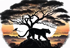 Panthers on a single African tree with the sunsetting behind it with clouds that help tie into a tattoo on the other side of my arm tattoo idea