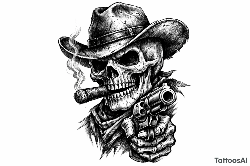 skull with cowboy-hat,a big cigar in his mouth and a gun in a hand. tattoo idea